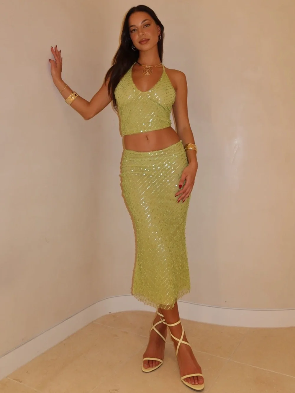 Meshki Lime Green Sequin Midi Dress Size S/M Halter Neck & Skirt Set - Picture 2 of 16